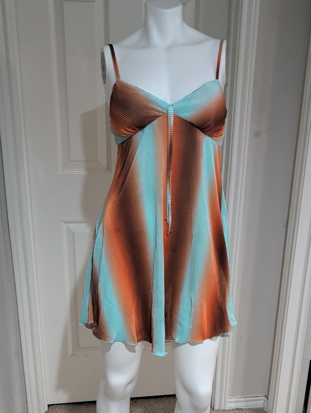 Y2K No Boundaries Aqua and Copper Striped Satin Textured Slip Dress Women's S - Picture 8 of 10